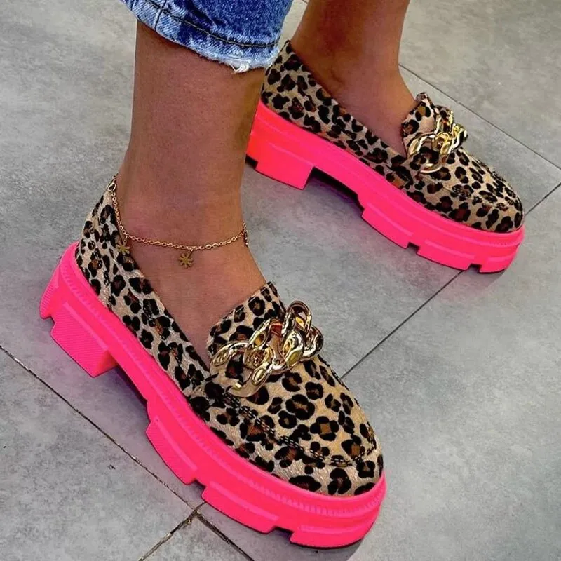 Halloween Joskaa Women Leopard Sport Flats Shoes Chunky Platform Chain Mary Janes Shoes Sandals Summer 2024 New Casual Ladies Shoes Mujer Zapatos