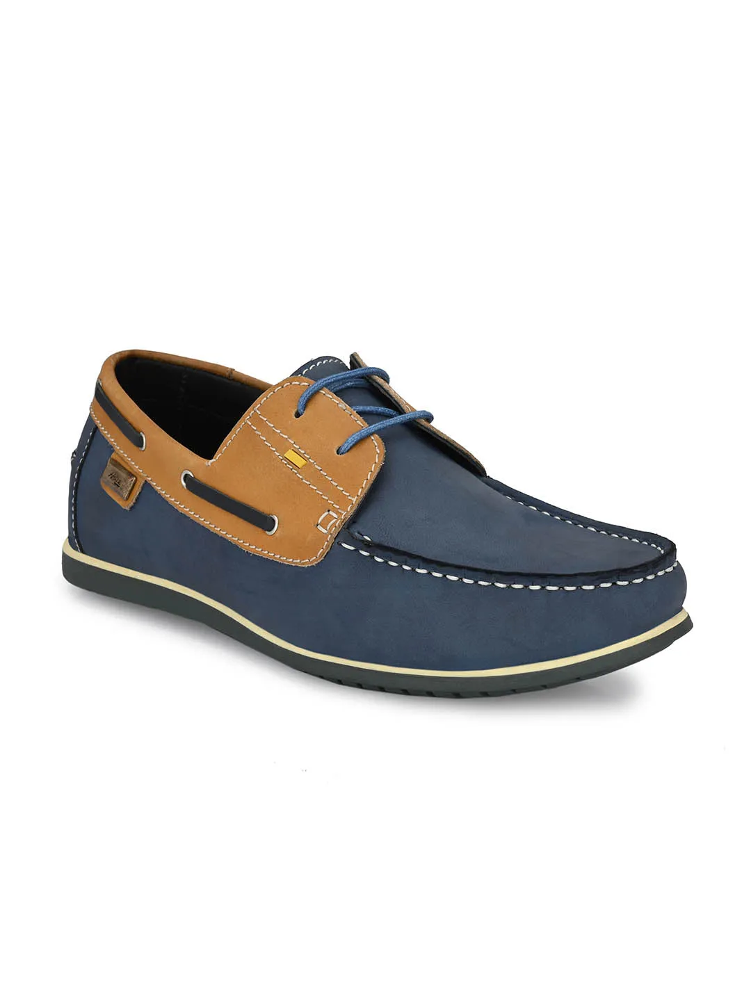 Hitz Men's Blue Leather Lace-up Boat Shoes