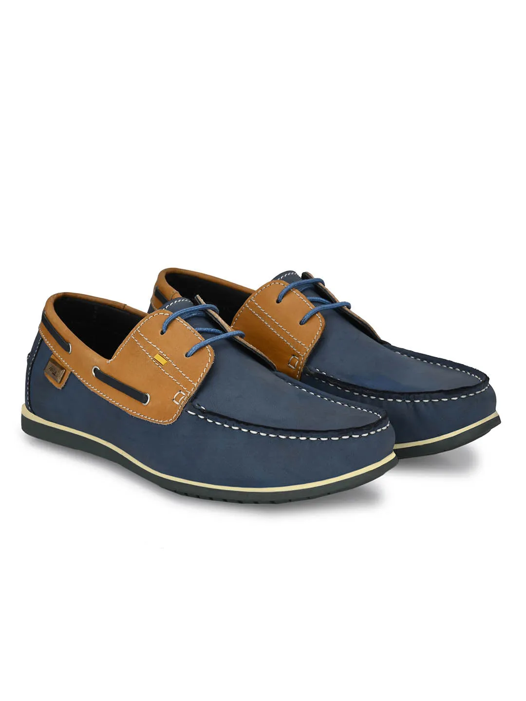 Hitz Men's Blue Leather Lace-up Boat Shoes