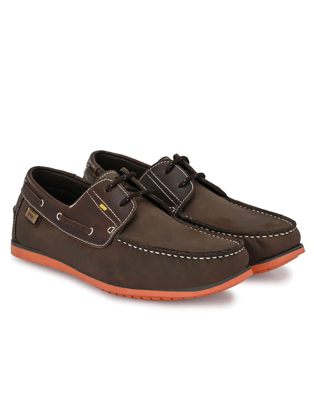 Hitz Men's Brown Leather Lace-up Boat Shoes