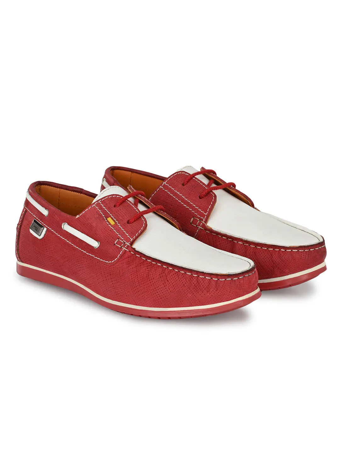 Hitz Men's Red Leather Lace-up Boat Shoes