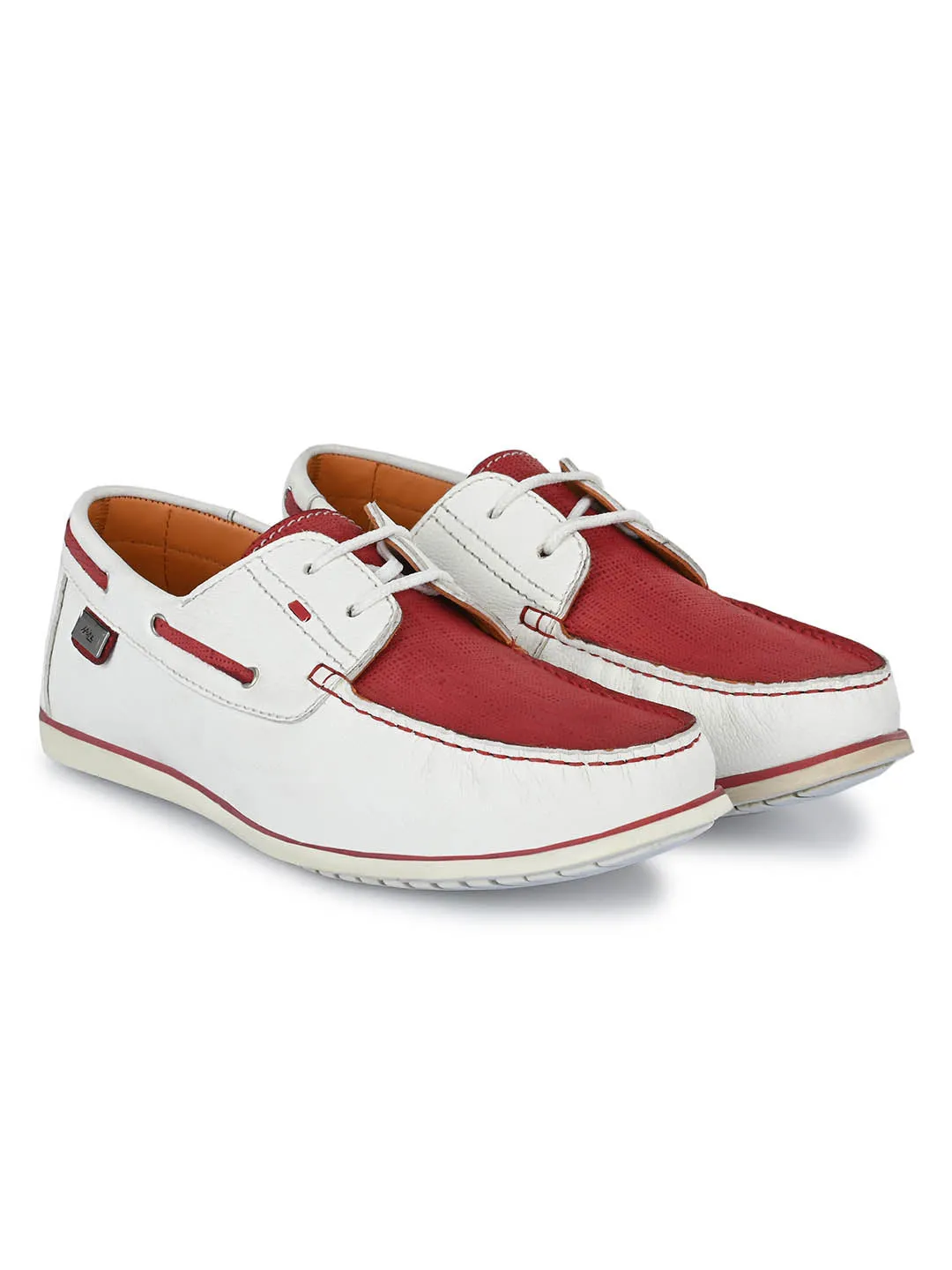 Hitz Men's White Leather Lace-up Boat Shoes