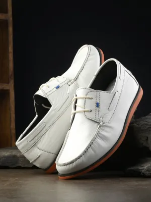 HITZ701 Men's White Leather Boat Lace-Up Shoes