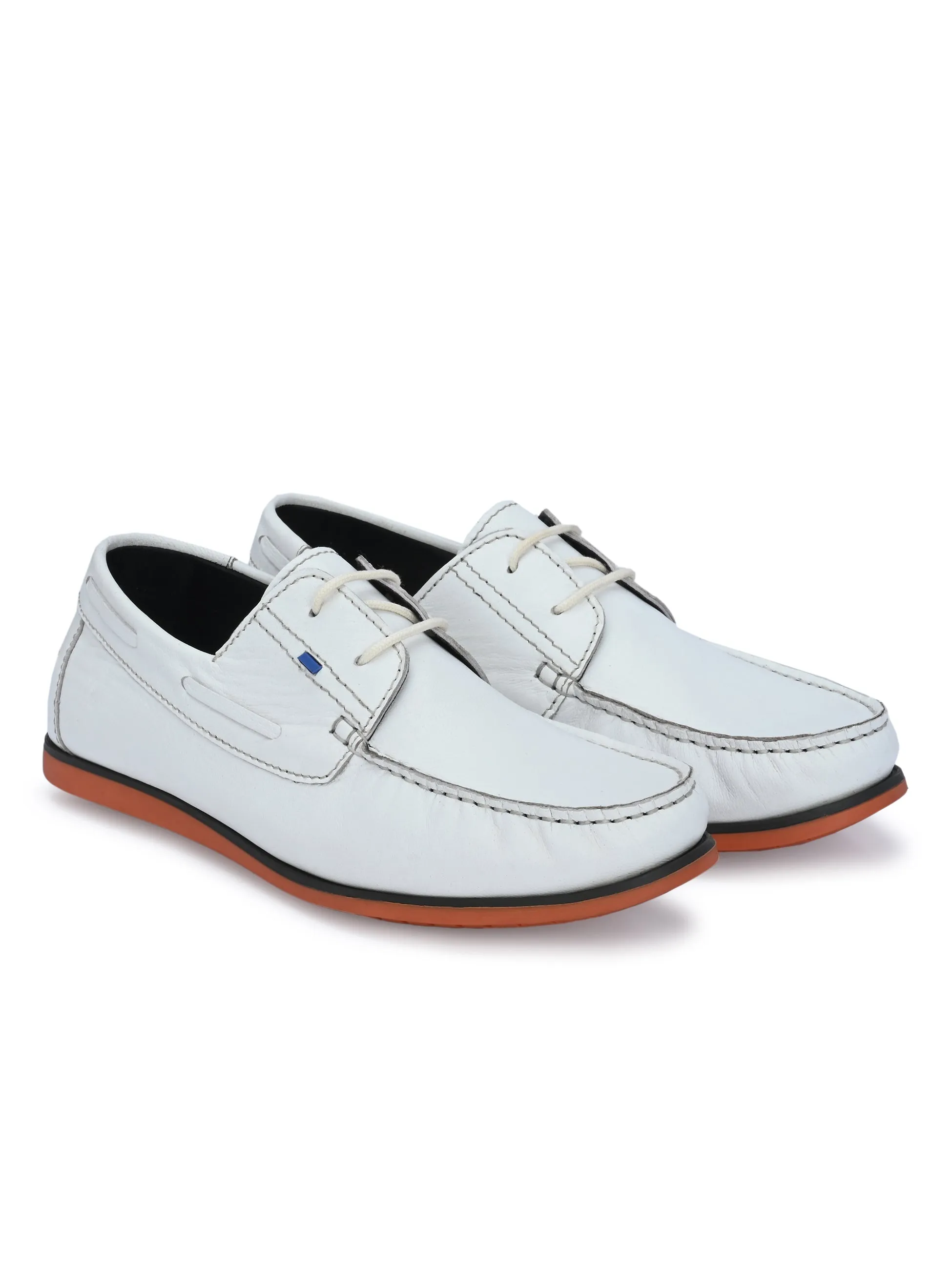 HITZ701 Men's White Leather Boat Lace-Up Shoes
