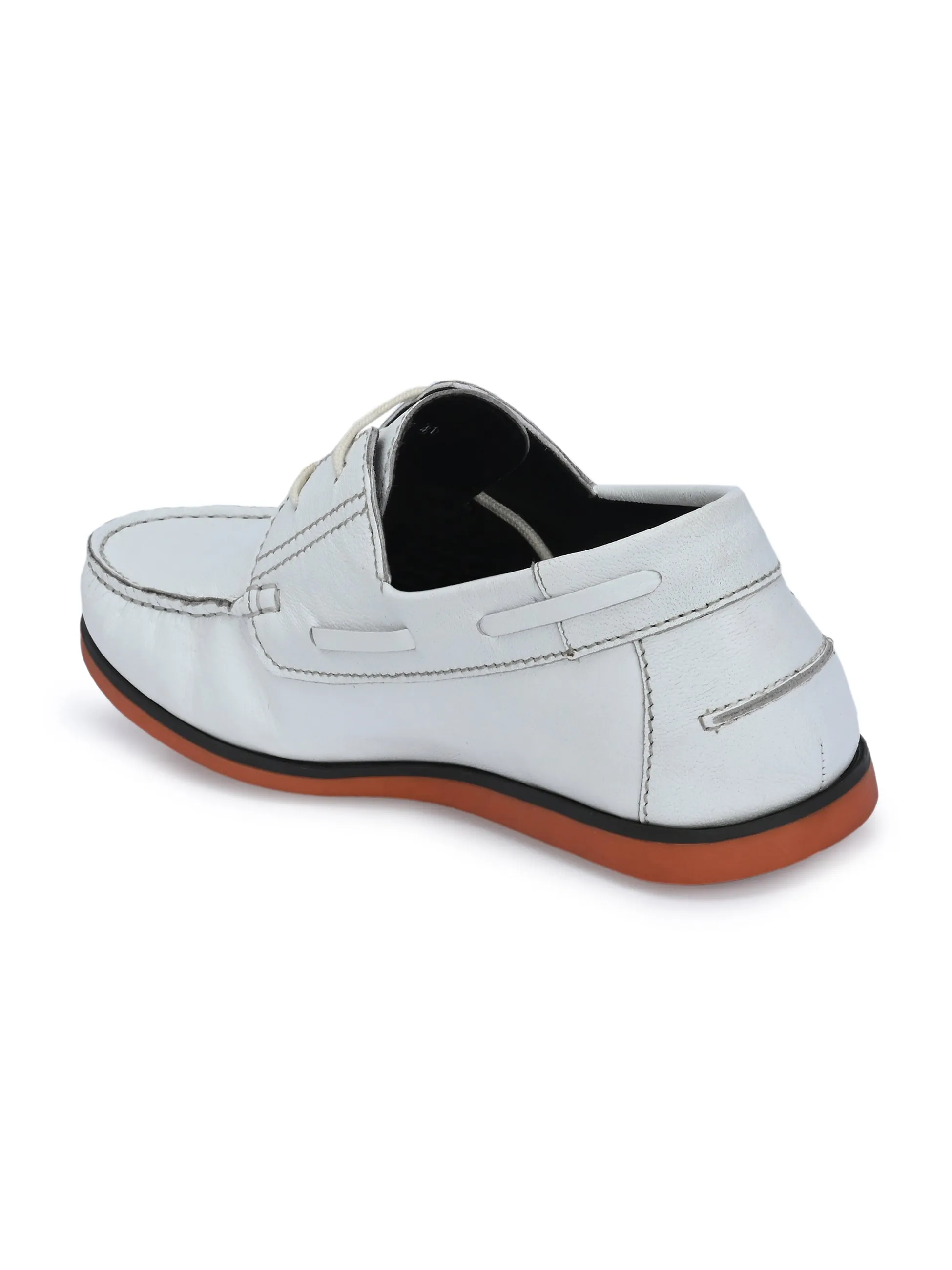 HITZ701 Men's White Leather Boat Lace-Up Shoes