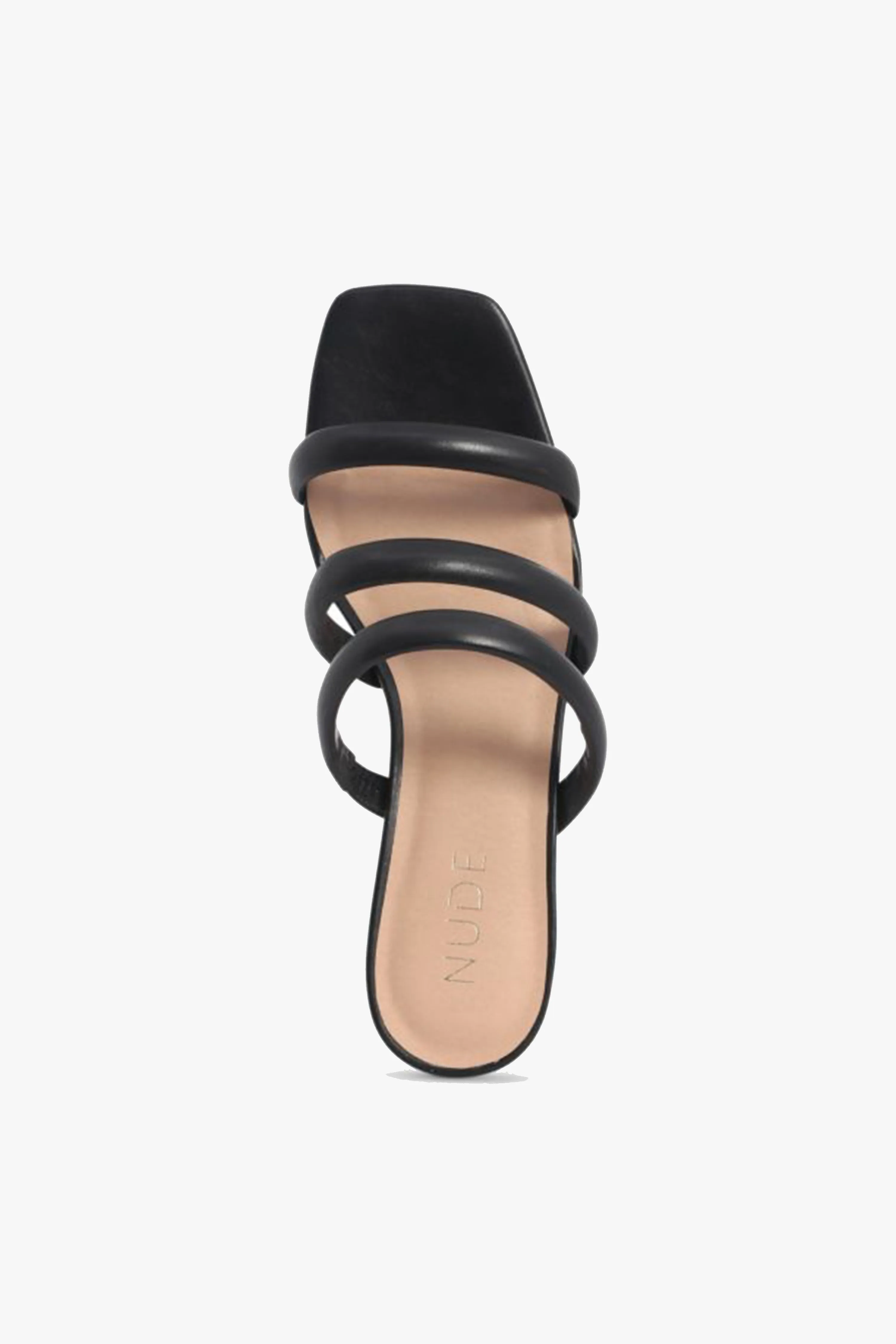 Juniper Black Square Toe Triple Strap Mid Heel Slide
