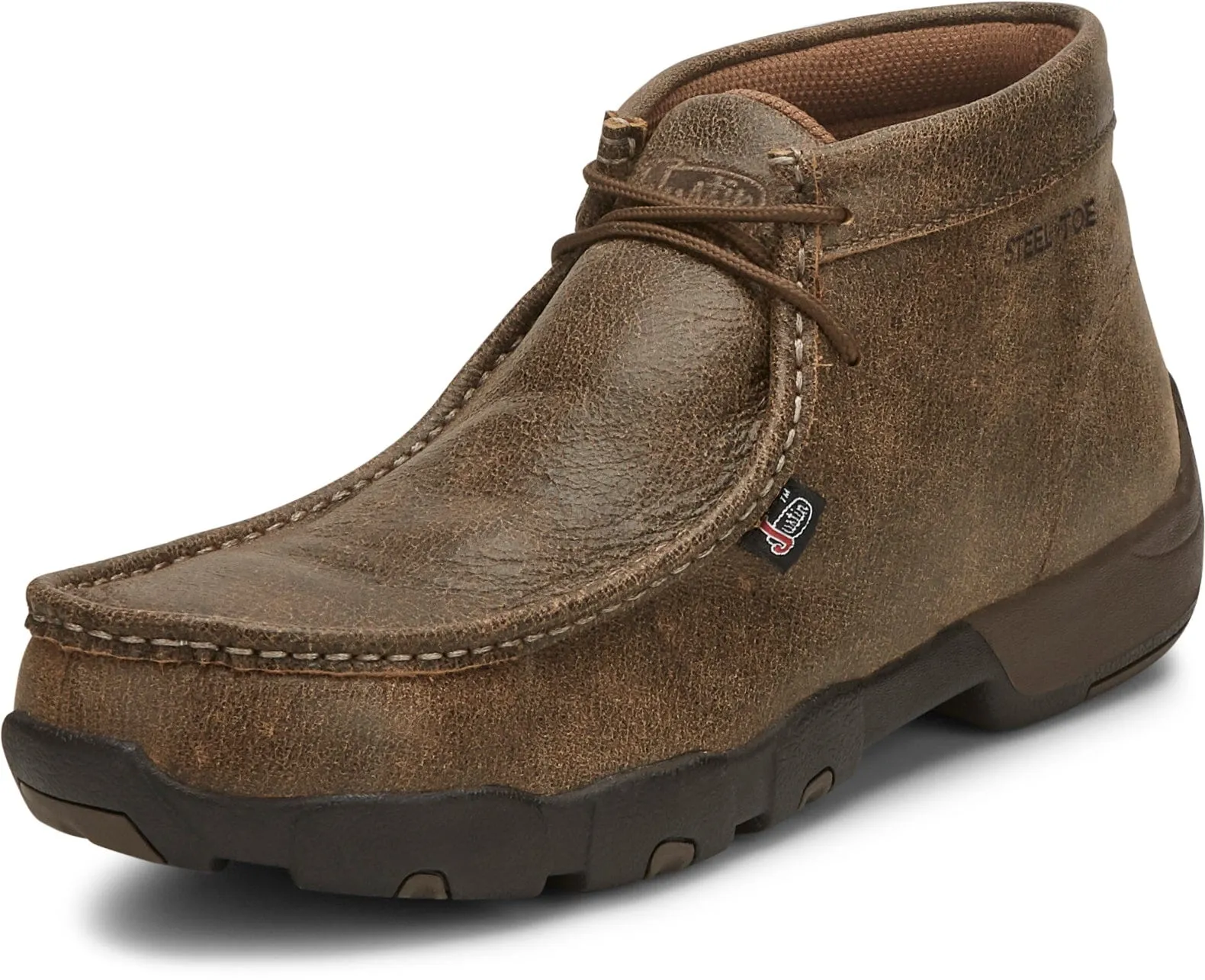Justin Men's Cappie Distressed Tan Bomber Driving Moc Steel Toe Work Shoe 237