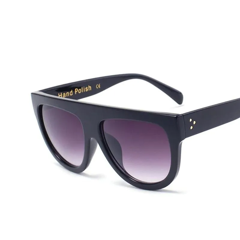 Oversize Flat Shield Design Rivet Sunglasses for Women with Gradient Lens