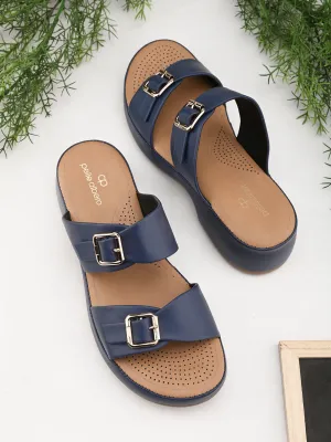 Pelle Albero Blue Faux Leather Slip on Extra Padding Comfortable Sandal For Women