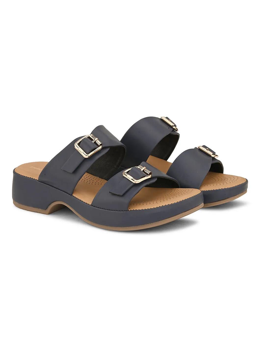 Pelle Albero Blue Faux Leather Slip on Extra Padding Comfortable Sandal For Women