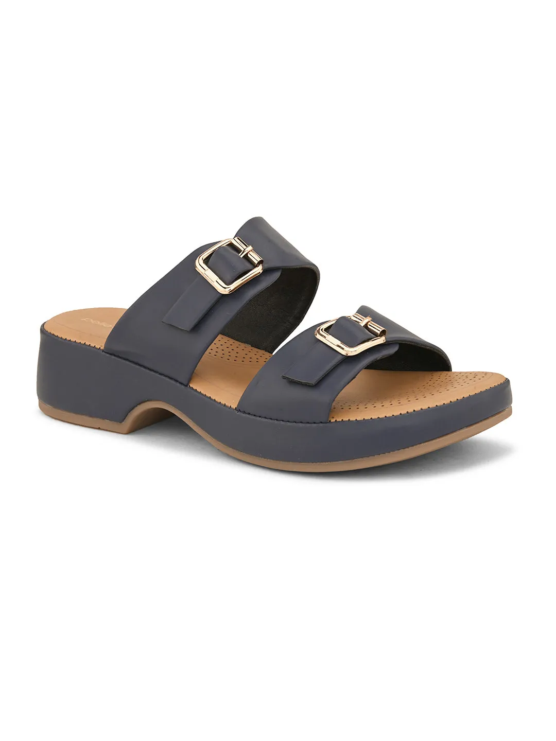 Pelle Albero Blue Faux Leather Slip on Extra Padding Comfortable Sandal For Women