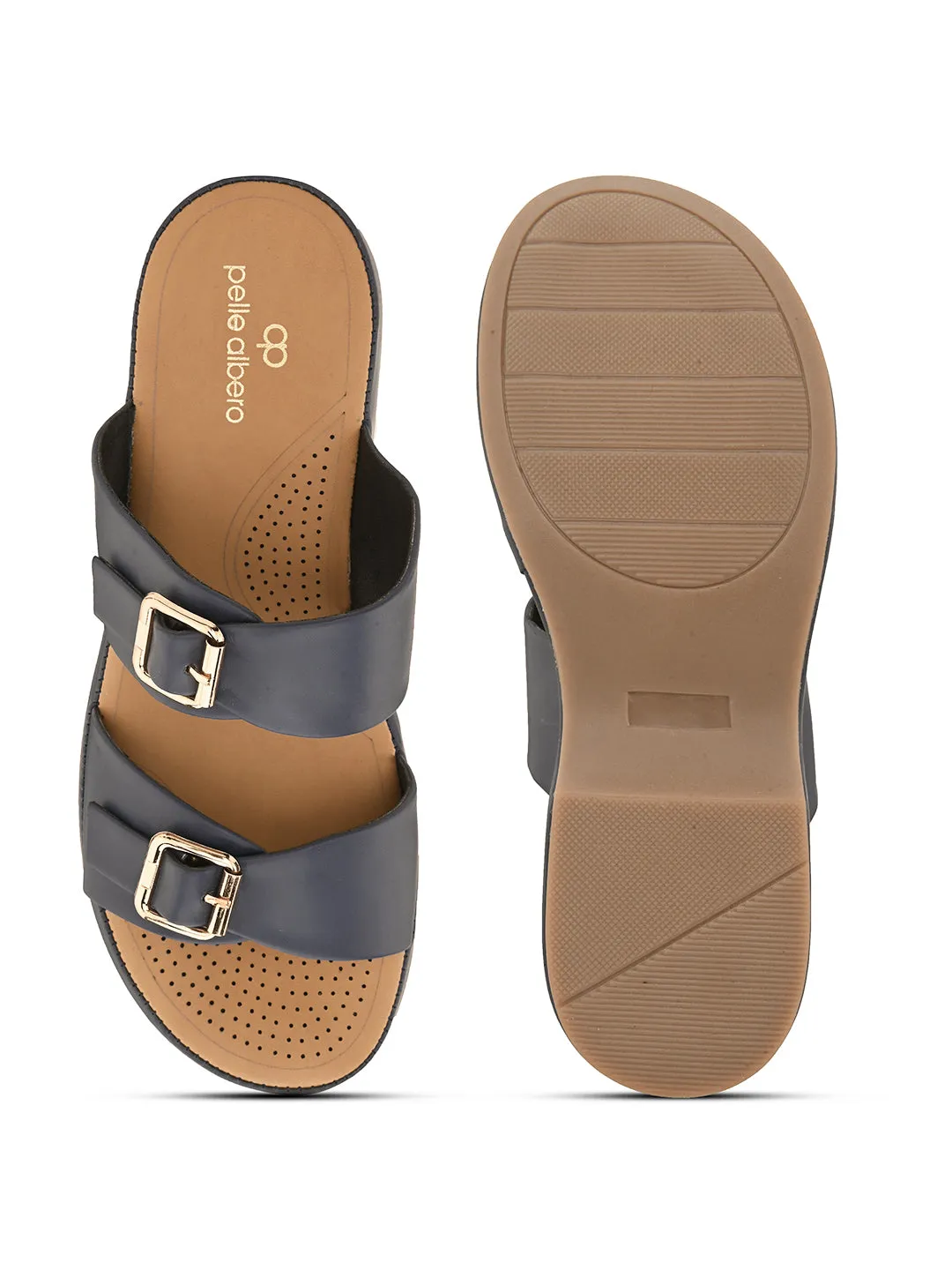 Pelle Albero Blue Faux Leather Slip on Extra Padding Comfortable Sandal For Women