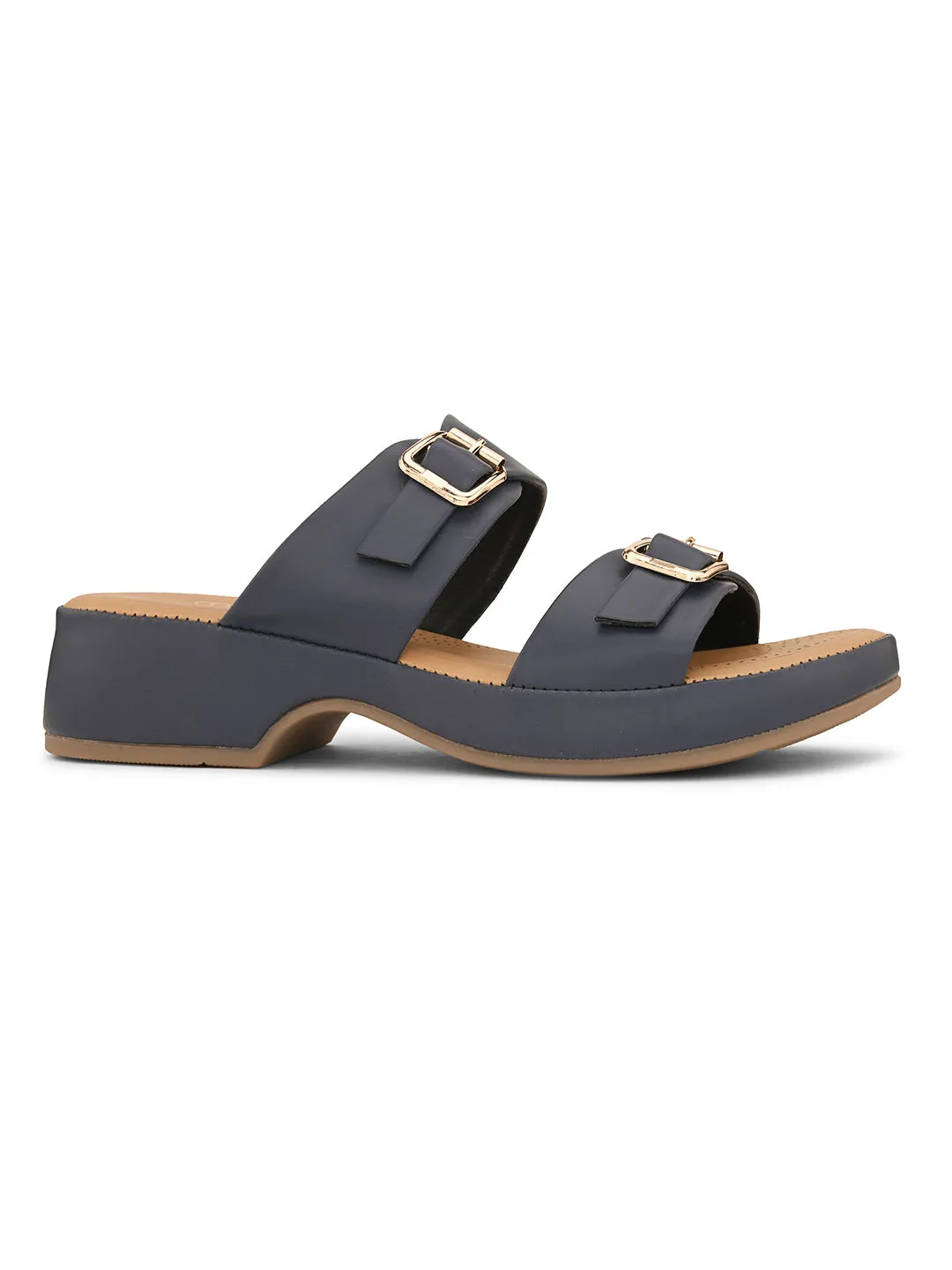 Pelle Albero Blue Faux Leather Slip on Extra Padding Comfortable Sandal For Women