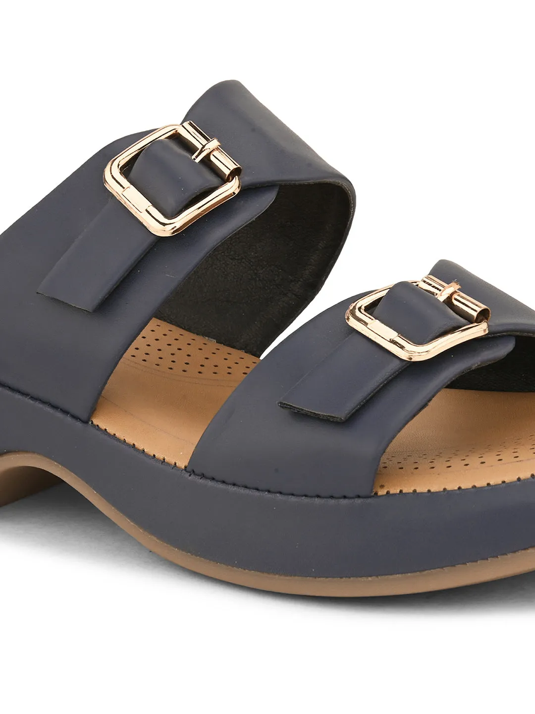Pelle Albero Blue Faux Leather Slip on Extra Padding Comfortable Sandal For Women