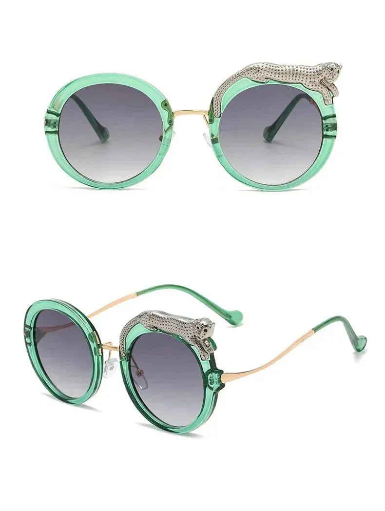 Pilot Style Round Crystal Lion Decor Eyewear Sunglasses for Women