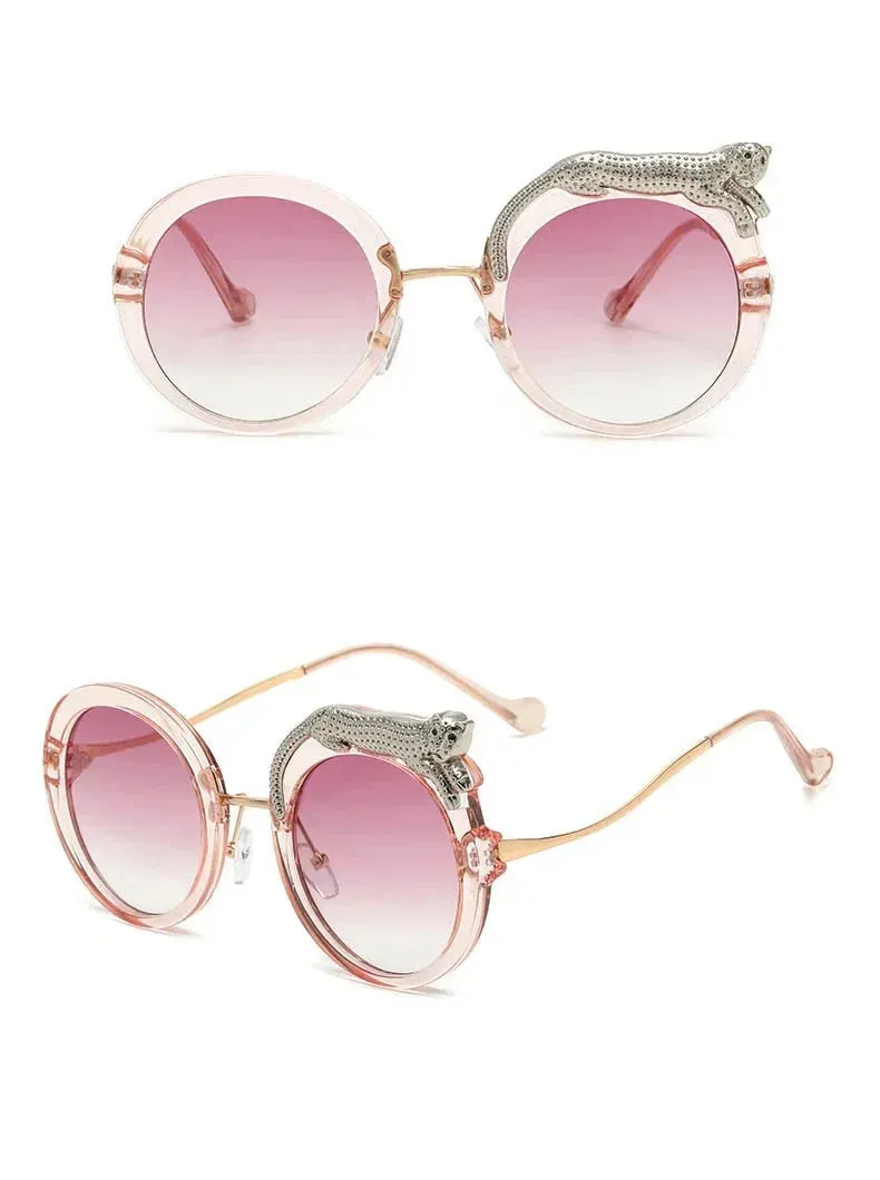 Pilot Style Round Crystal Lion Decor Eyewear Sunglasses for Women