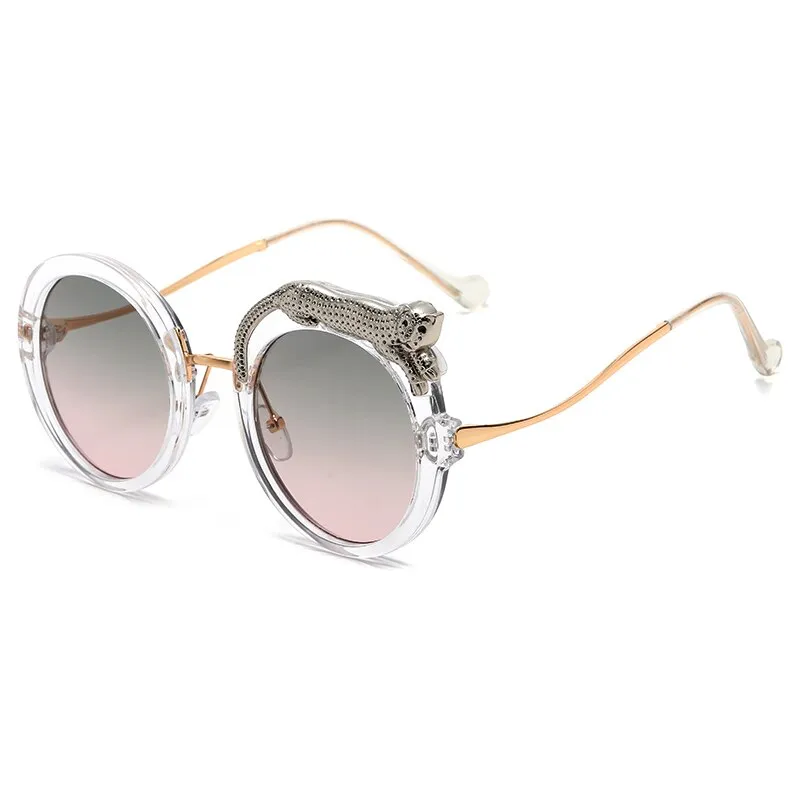 Pilot Style Round Crystal Lion Decor Eyewear Sunglasses for Women