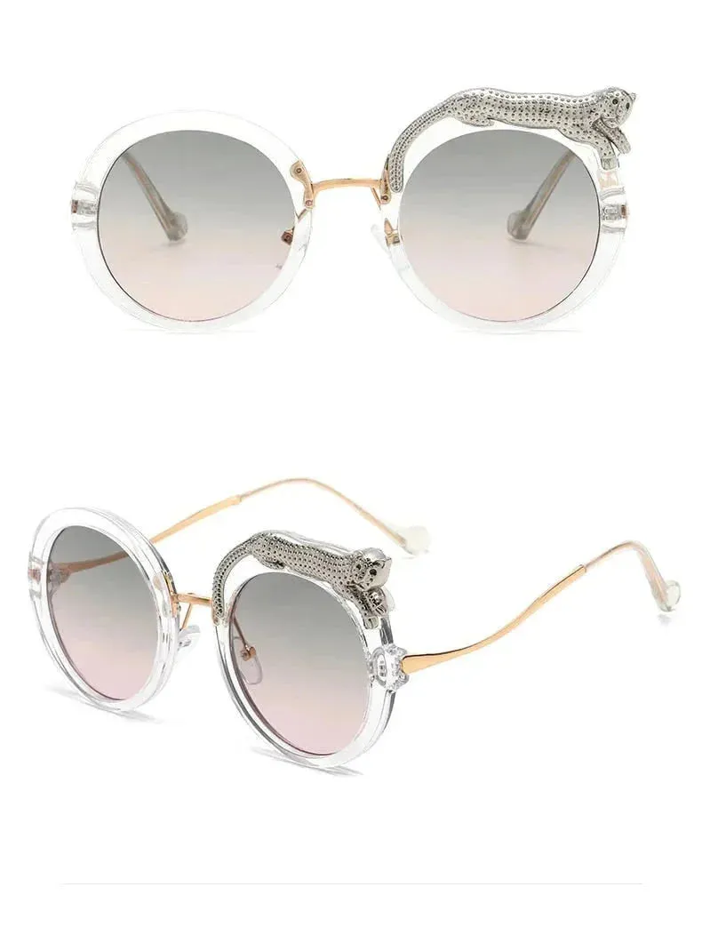 Pilot Style Round Crystal Lion Decor Eyewear Sunglasses for Women