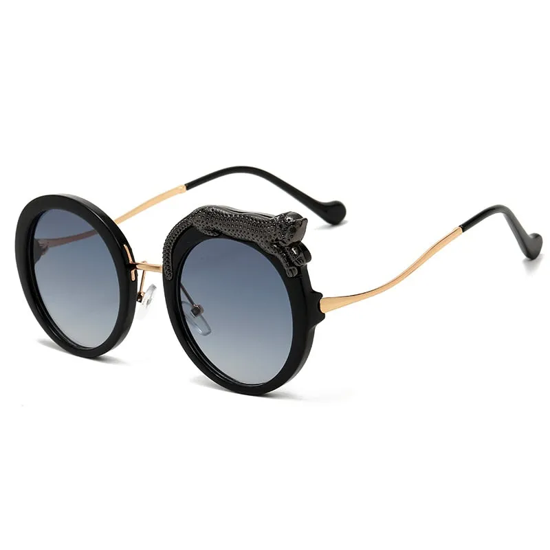 Pilot Style Round Crystal Lion Decor Eyewear Sunglasses for Women