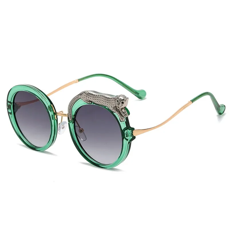 Pilot Style Round Crystal Lion Decor Eyewear Sunglasses for Women