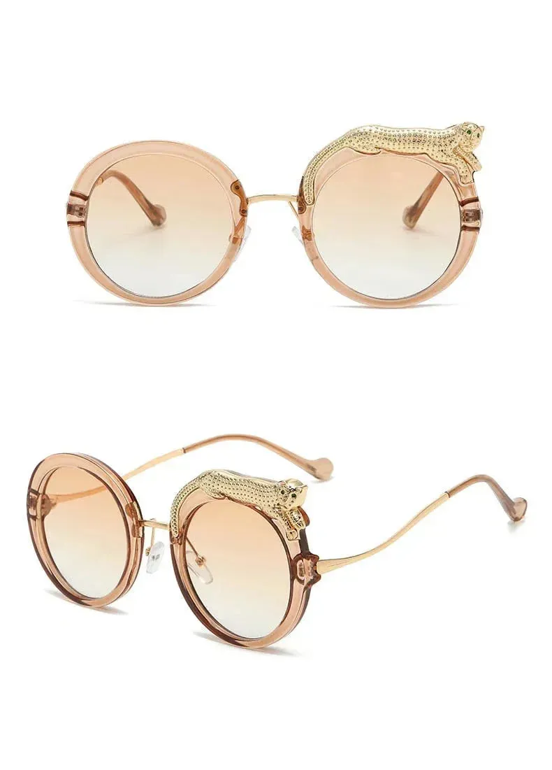 Pilot Style Round Crystal Lion Decor Eyewear Sunglasses for Women