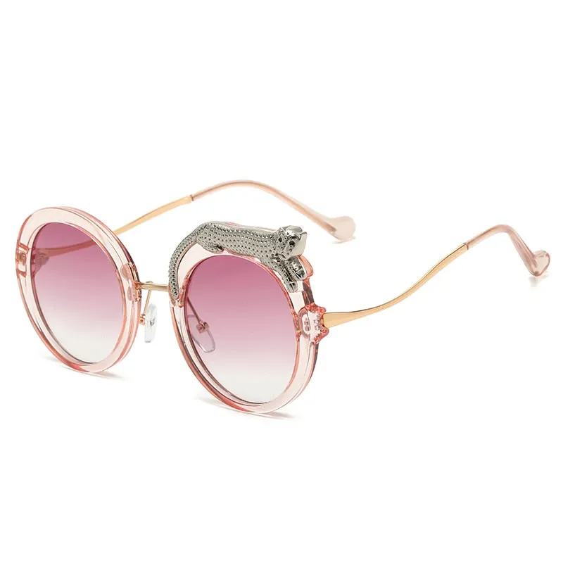 Pilot Style Round Crystal Lion Decor Eyewear Sunglasses for Women