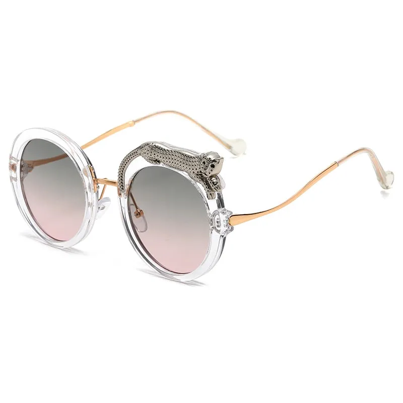 Pilot Style Round Crystal Lion Decor Eyewear Sunglasses for Women