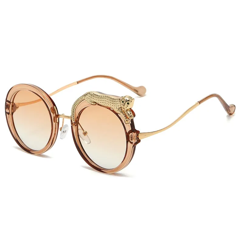 Pilot Style Round Crystal Lion Decor Eyewear Sunglasses for Women