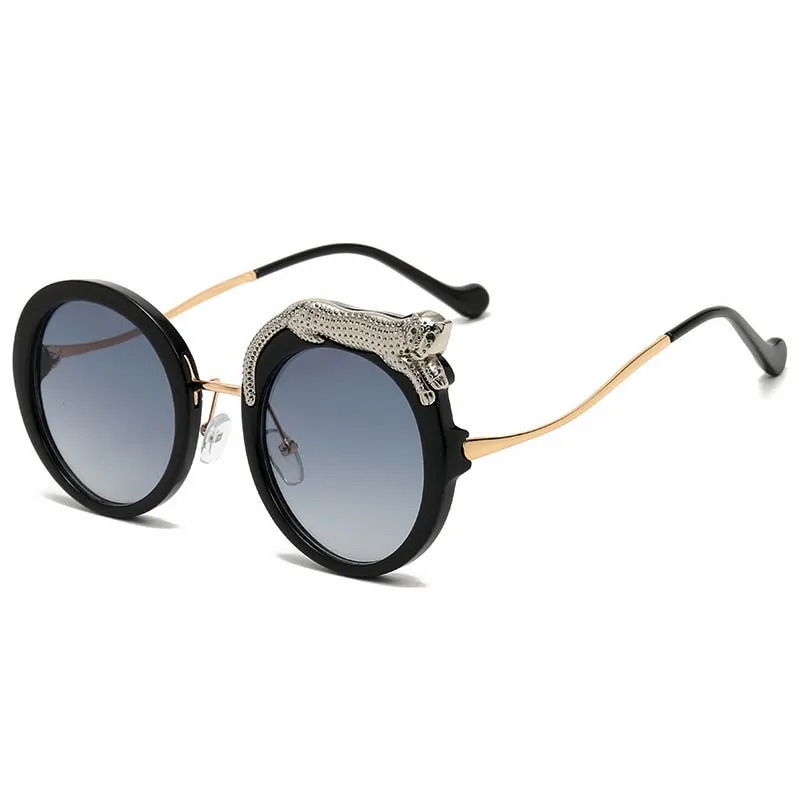 Pilot Style Round Crystal Lion Decor Eyewear Sunglasses for Women