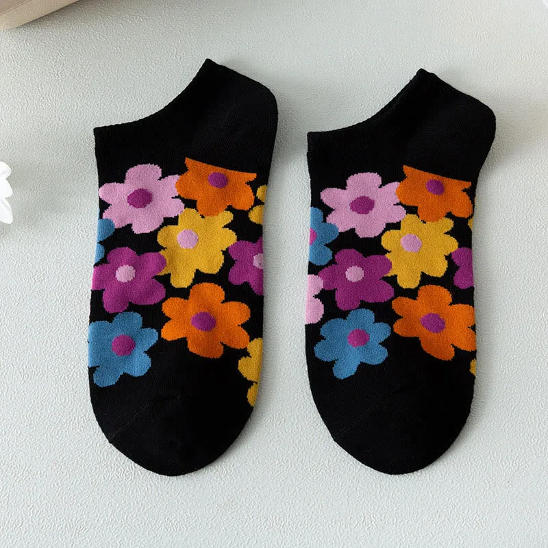 Plus Size Colored Flowers No Show Socks(5 Pairs)