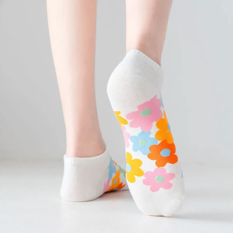 Plus Size Colored Flowers No Show Socks(5 Pairs)
