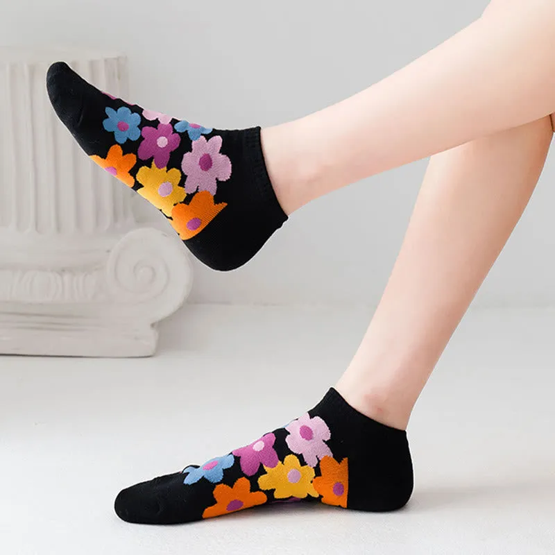 Plus Size Colored Flowers No Show Socks(5 Pairs)