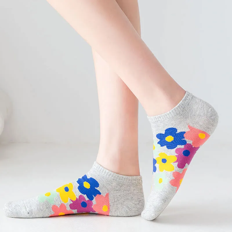 Plus Size Colored Flowers No Show Socks(5 Pairs)