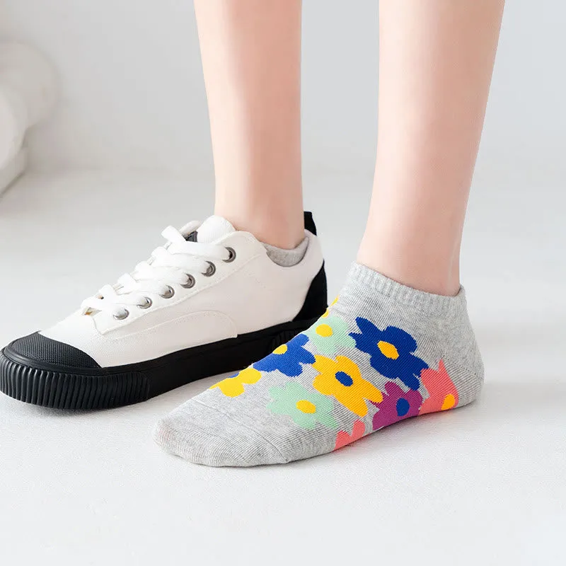 Plus Size Colored Flowers No Show Socks(5 Pairs)