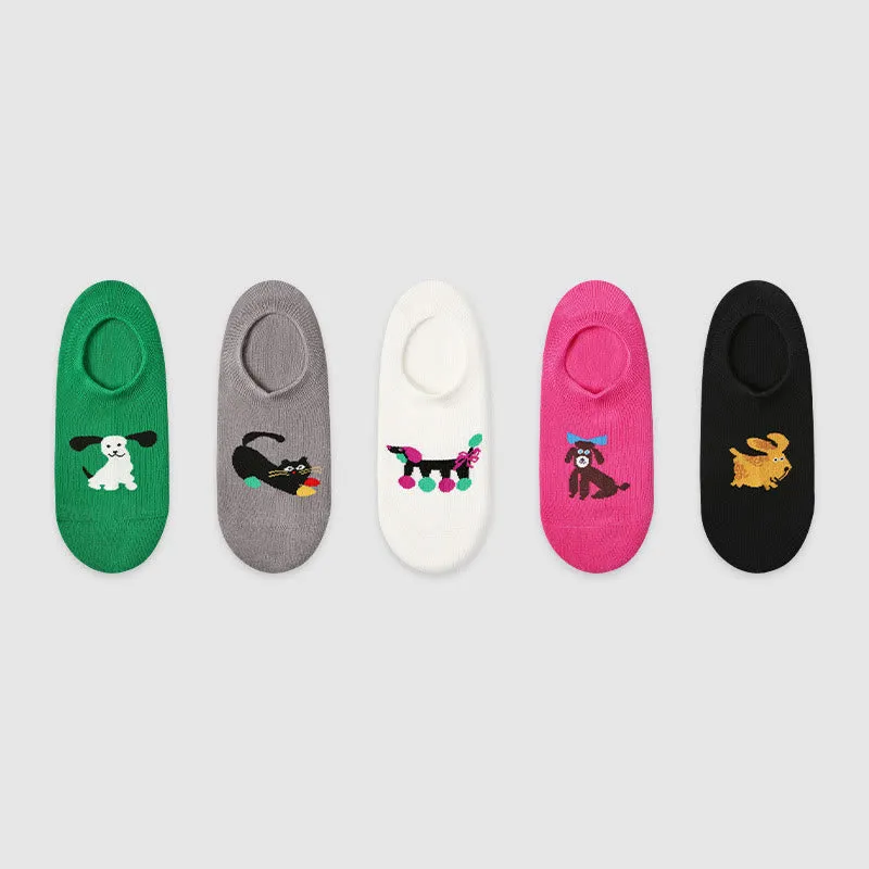 Plus Size Colorful Cat Dog No Show Socks(5 Pairs)
