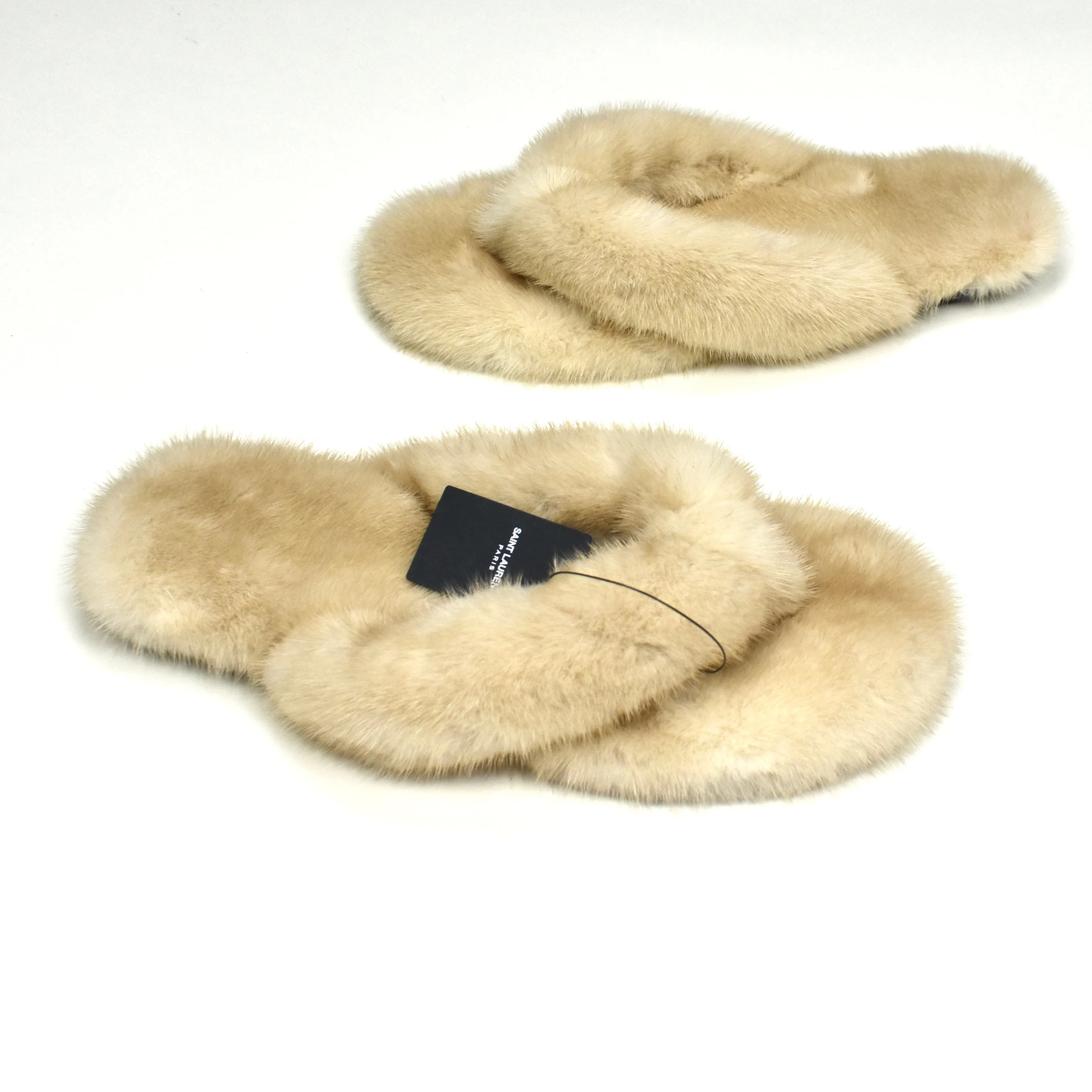 Saint Laurent - Beige Genuine Fur Pepe Flip Flops