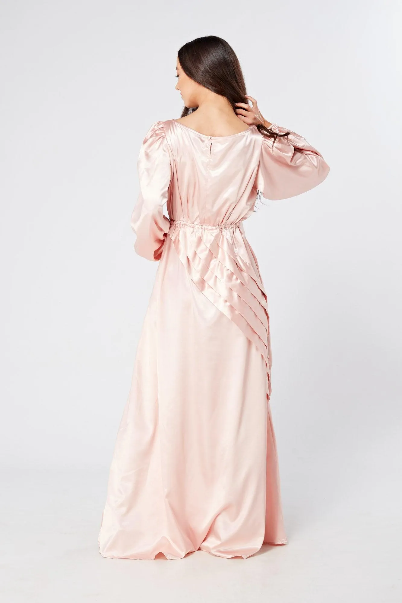 Seraphina Pink Satin Maxi Dress With Long Sleeves