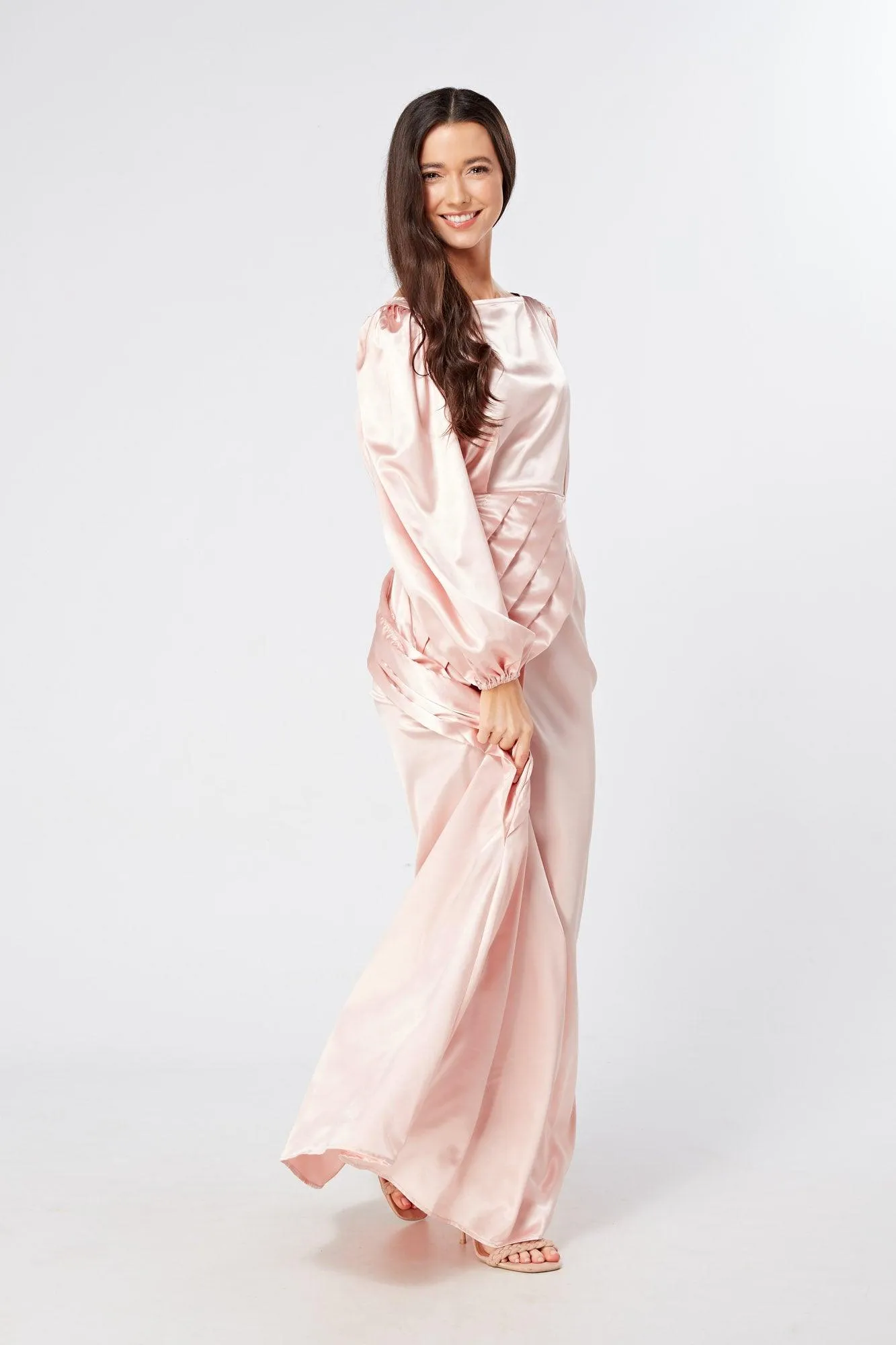 Seraphina Pink Satin Maxi Dress With Long Sleeves