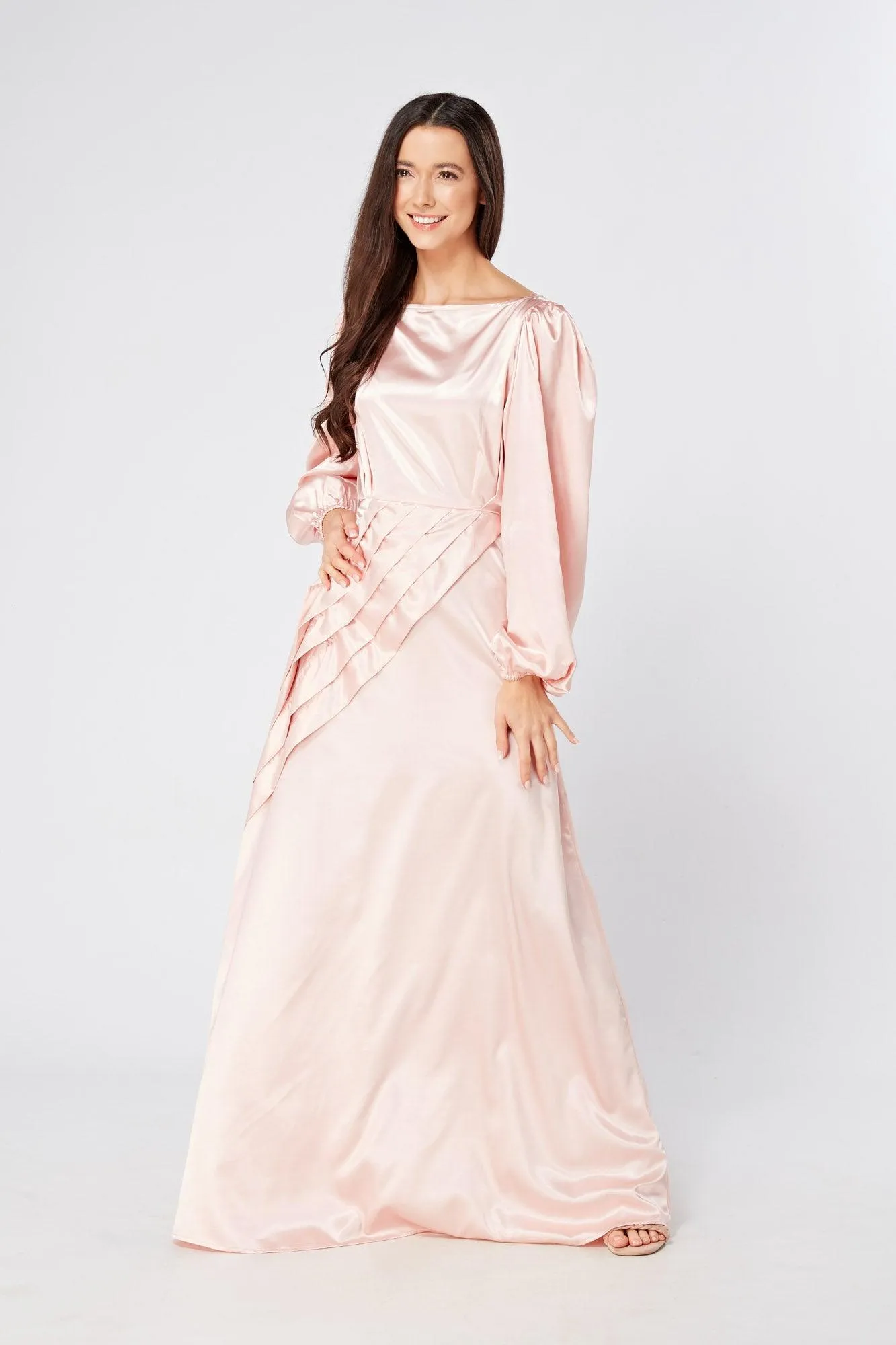 Seraphina Pink Satin Maxi Dress With Long Sleeves