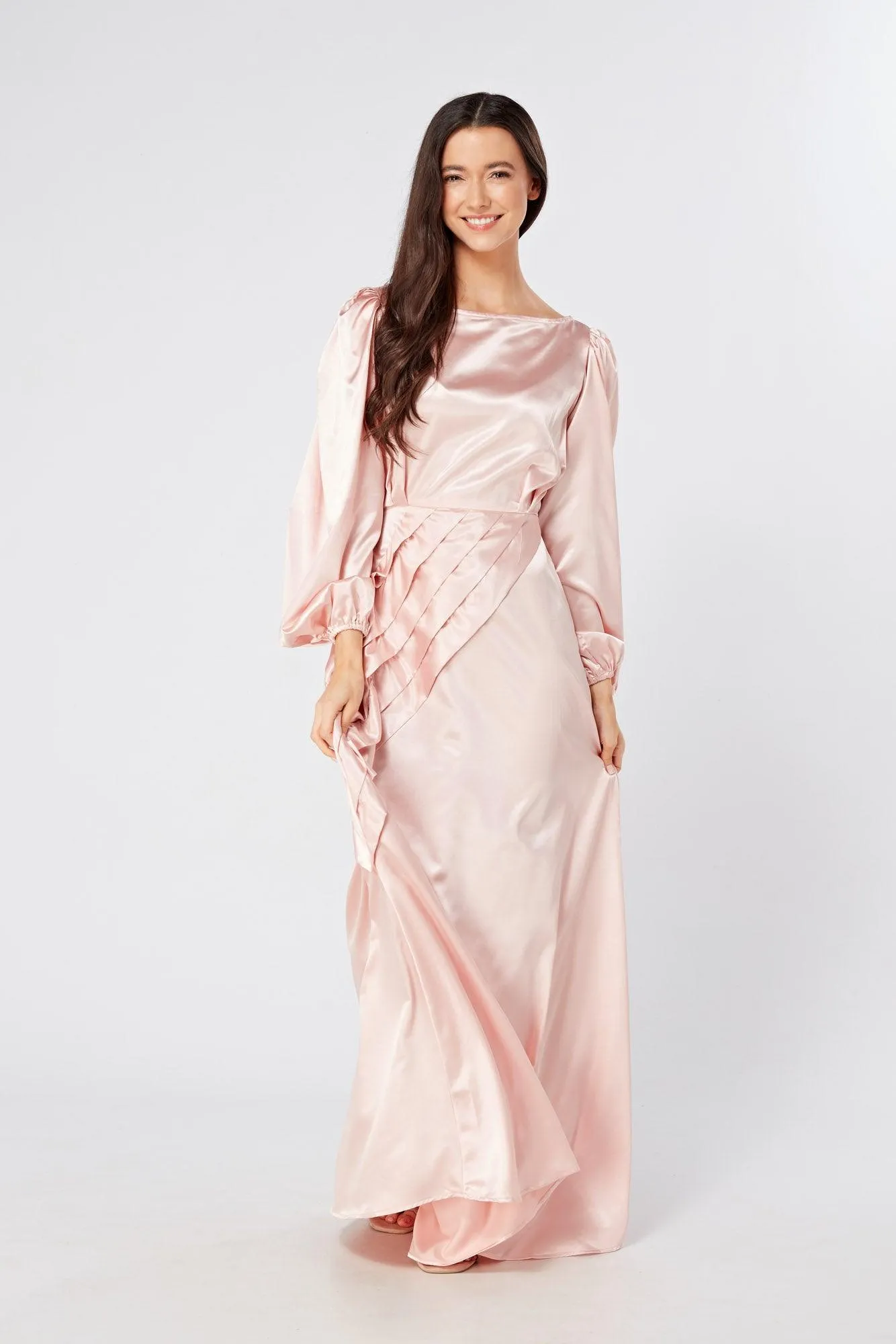 Seraphina Pink Satin Maxi Dress With Long Sleeves
