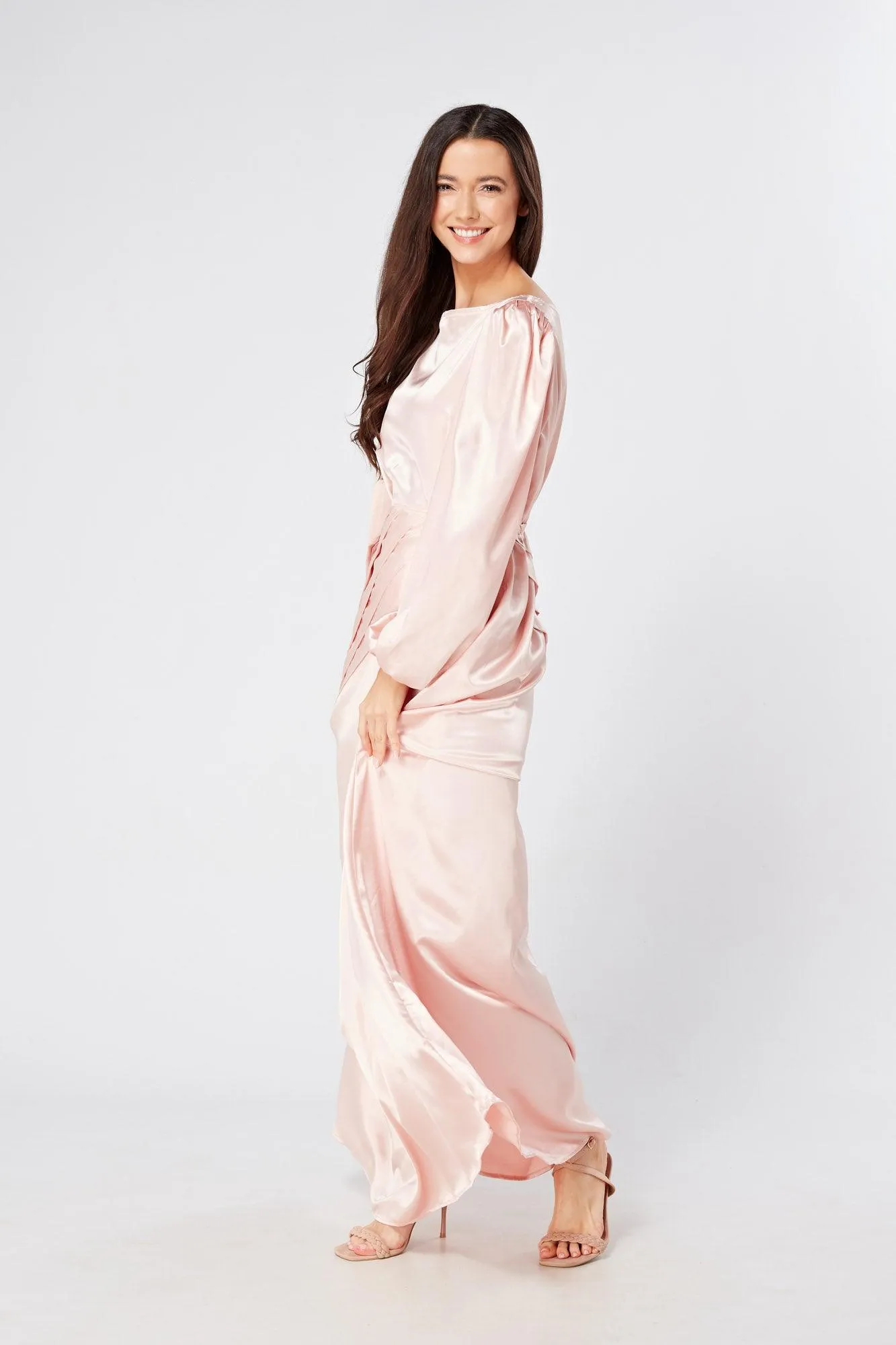 Seraphina Pink Satin Maxi Dress With Long Sleeves