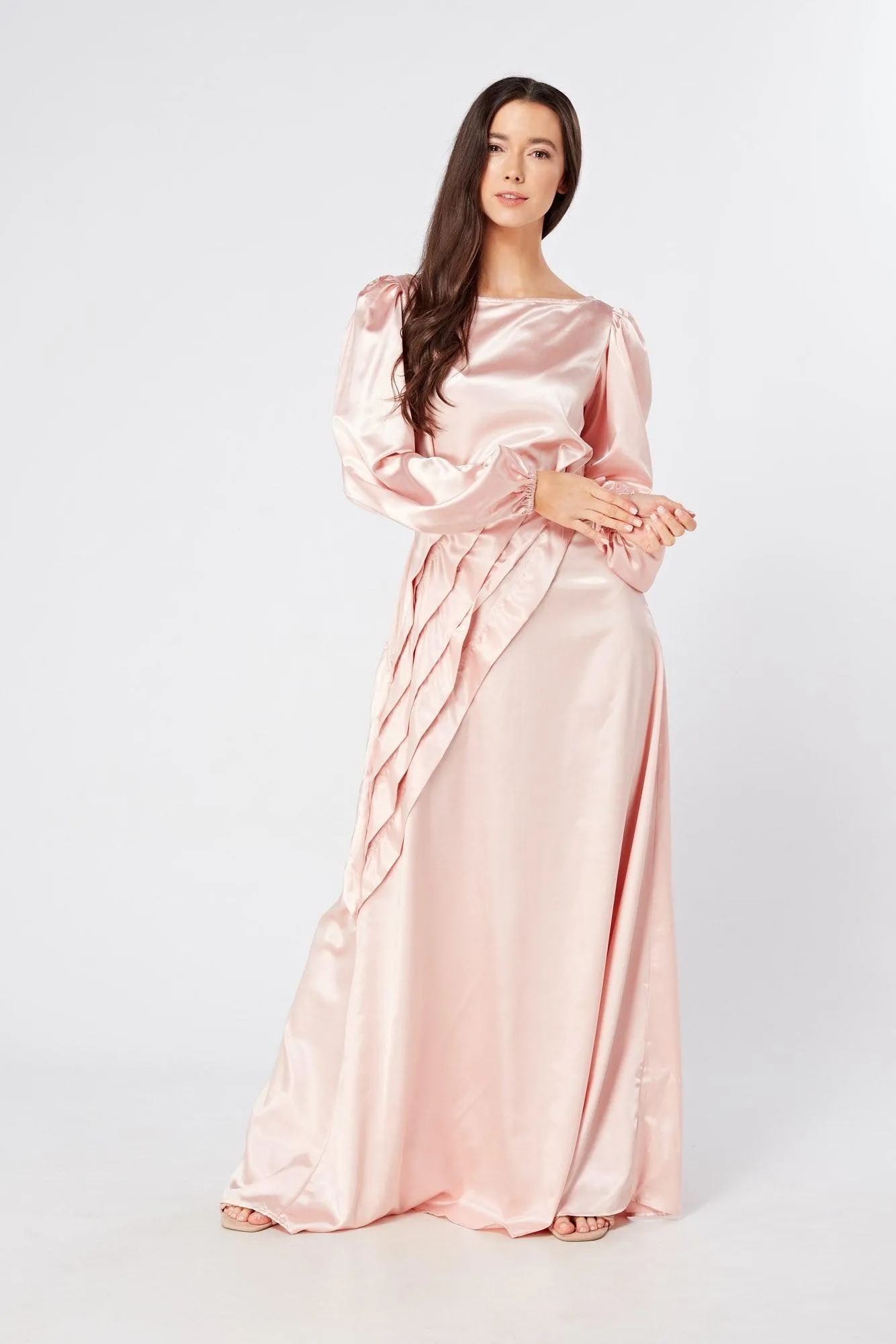 Seraphina Pink Satin Maxi Dress With Long Sleeves
