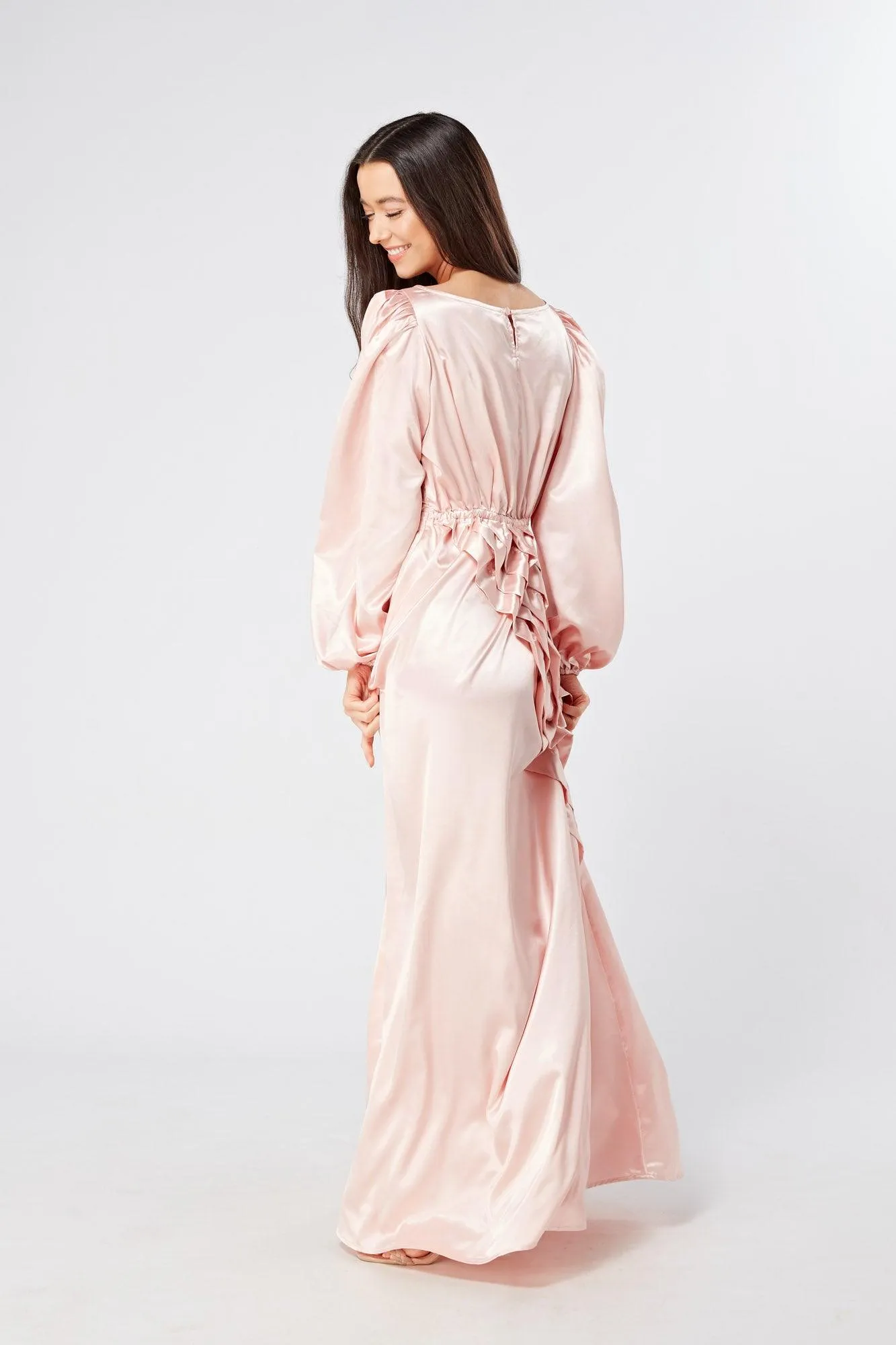 Seraphina Pink Satin Maxi Dress With Long Sleeves