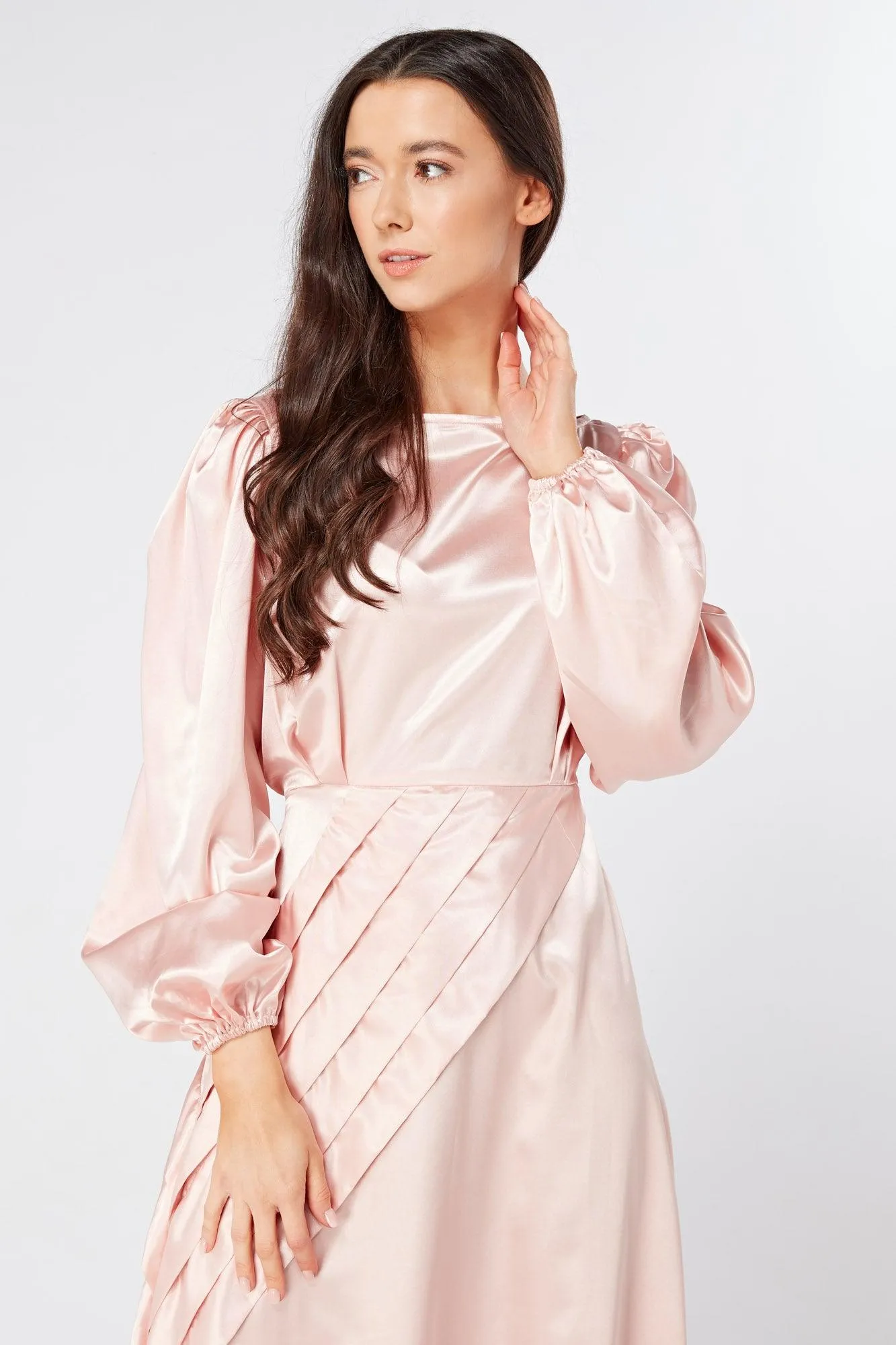 Seraphina Pink Satin Maxi Dress With Long Sleeves