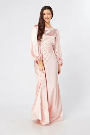 Seraphina Pink Satin Maxi Dress With Long Sleeves