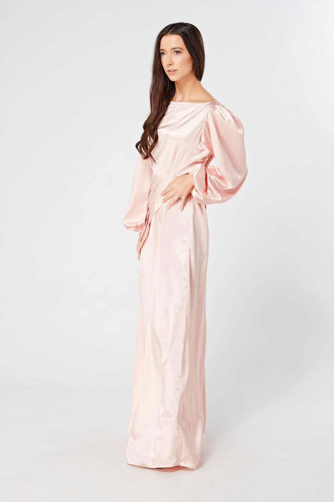 Seraphina Pink Satin Maxi Dress With Long Sleeves