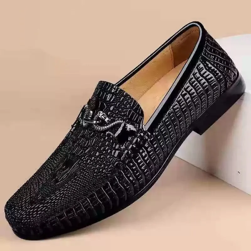 Snake Embossed Leather Loafers – Slip-On Glossy Cowhide Driving Shoes