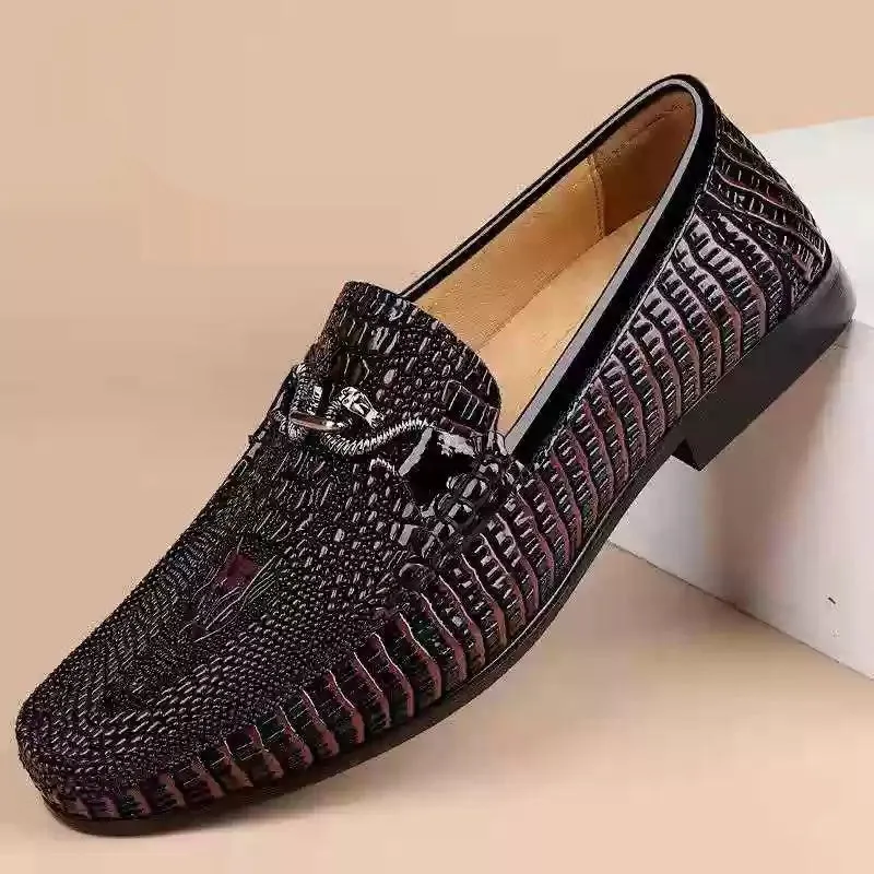Snake Embossed Leather Loafers – Slip-On Glossy Cowhide Driving Shoes