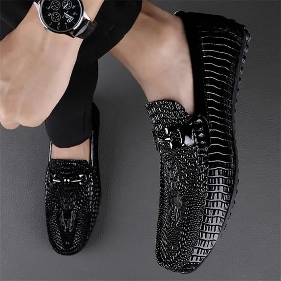 Snake Embossed Leather Loafers – Slip-On Glossy Cowhide Driving Shoes