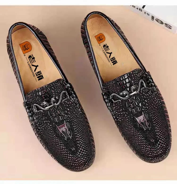 Snake Embossed Leather Loafers – Slip-On Glossy Cowhide Driving Shoes